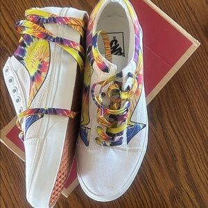 Vans White Sneakers with Yellow & Multicolor Tie-Dye Accents